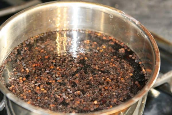 steeping elderberries in pan