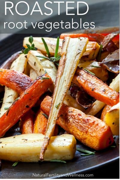 Roasted root vegetables in pan