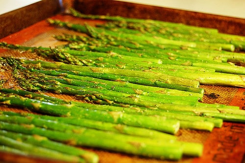 roasted asparagus on pan