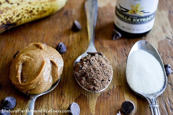 Peanut butter smoothie ingredients in spoons